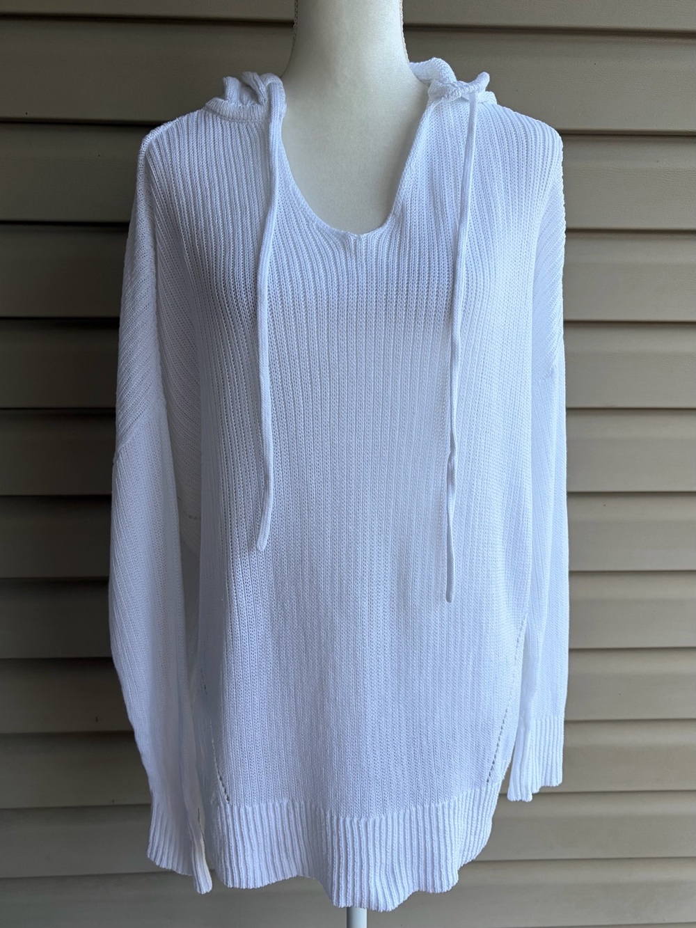 •Haven Well Within• Linen Blend White Knit Hooded Sweater - Size Large